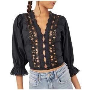 Free People NWT Luella Embroidered Boho Peasant Top in Black Size XS